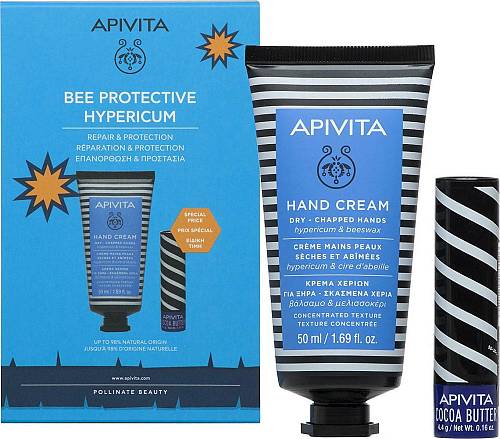 Apivita Promo Bee Protective Hypericum Κρέμα Χεριών για Ξηρά Σκασμένα Χέρια με Βάλσαμο & Μελισσοκέρι, 50ml & Lipcare Βούτυρο Κακάο SPF20 4,4gr