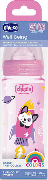 Chicco Well-Being Μπιμπερό Πλαστικό με Θηλή Σιλικόνης Γρήγορης Ροής 4m+, 330ml - Ρόζ