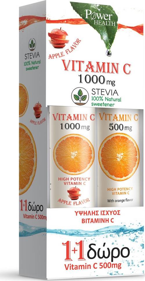Power Health 1+1 ΔΩΡΟ Vitamin C 1000mg με Στέβια Αναβράζουσα Βιταμίνη C με Γεύση Μήλο, 24eff.tabs & Vitamin C 500mg Αναβράζουσα Βιταμίνη C με Γεύση Πορτοκάλι, 20eff.tabs