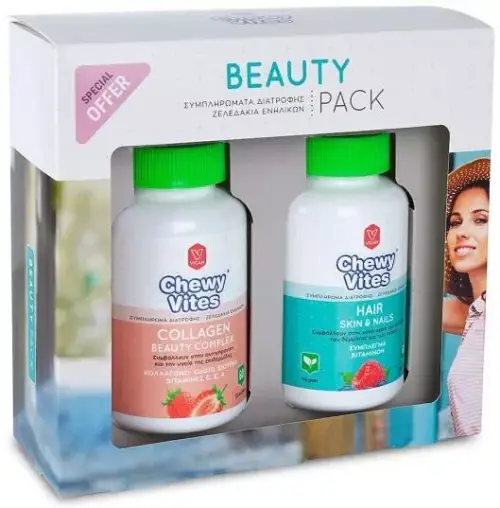 VICAN Beauty Pack, Chewy Vites Adults, Hair Skin & Nails, Μασώμενες Βιταμίνες Ενηλίκων - 60 ζελεδάκια & Collagen Beauty Complex, Συμπλήρωμα Διατροφής με Κολλαγόνο - 60 ζελεδάκια