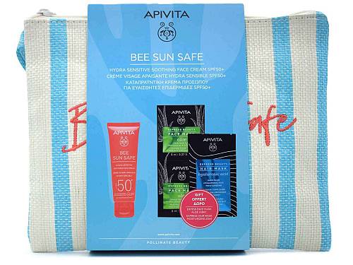Apivita Bee Sun Safe Promo Pack με Hydra Sensitive Soothing Face Cream SPF50+, 50ml & Δώρο Express Beauty Face Mask Aloe, 2x8ml & Express Beauty Hair Mask Hyaluronic Acid, 20ml & Νεσεσέρ, 1σετ