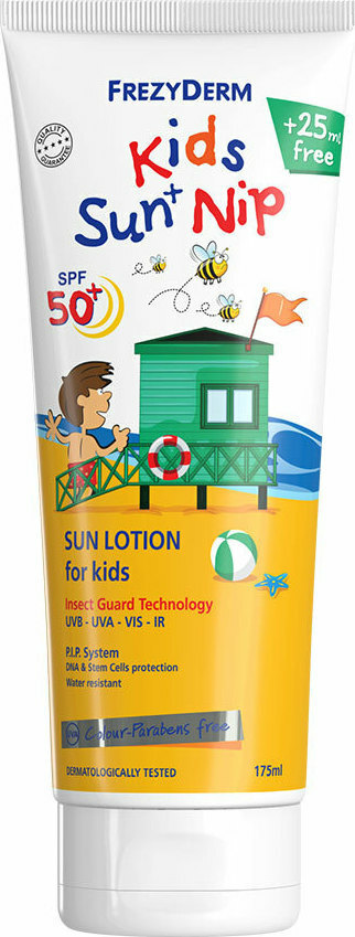 Frezyderm Kids Sun + Nip SPF50+ Παιδικό Αντιηλιακό Γαλάκτωμα για Πρόσωπο & Σώμα με Εντομοαπωθητικές Ιδιότητες, 175ml