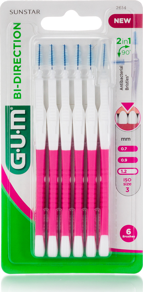 GUM Bi-Direction Μεσοδόντια Βουρτσάκια με Λαβή 1.2mm σε χρώμα Ροζ 6τμχ