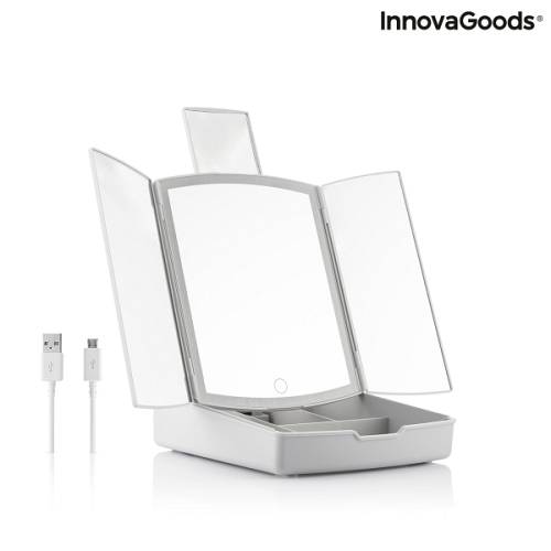 InnovaGoods V0103402 Organiser Panomir Folding LED Mirror with Make-up  3-In-1  - Αναδιπλούμενος Καθρέφτης LED 3 σε 1 με Διοργανωτή για Μακιγιάζ