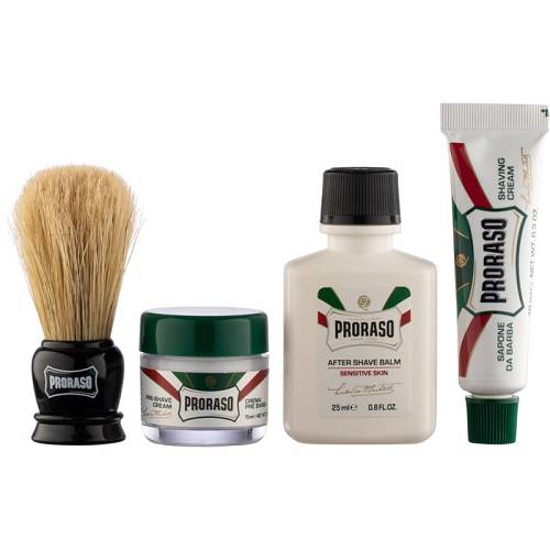 Proraso travel shave kit - Pre Shave Cream Refresh 15 ml + Shave Cream Refresh 10 ml + After Shave Balm Sensitive 25 ml + Shaving Brush / 1 Stk.