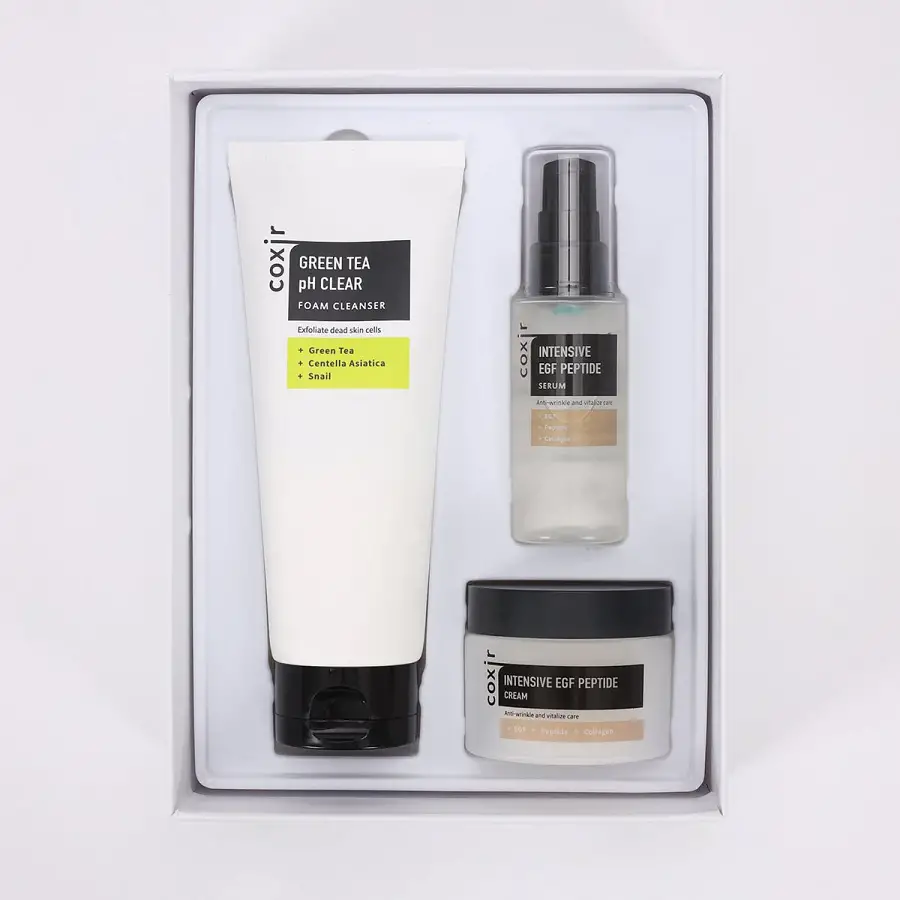 COXIR - Anti-aging facial care set Intensive EGF Peptide Gift Set 3 pcs : 1x 150ml Green Tea pH Clear Cleanser - 1x 50ml Intensive EGF Peptide Serum - 1x 50ml Intensive EGF Peptide Cream
