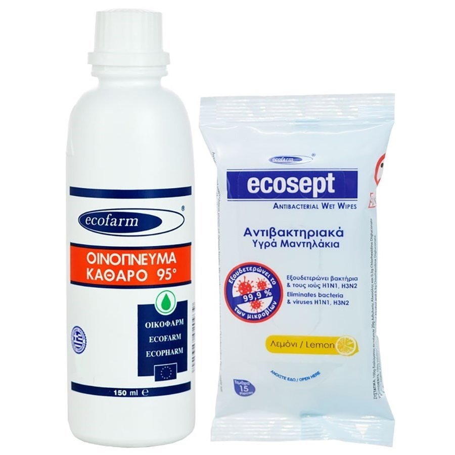 Ecofarm Οινόπνευμα Καθαρό 95o 150ml & Ecosept Αντιβακτηριακά Υγρά Μαντηλάκια Λεμόνι 15τμχ