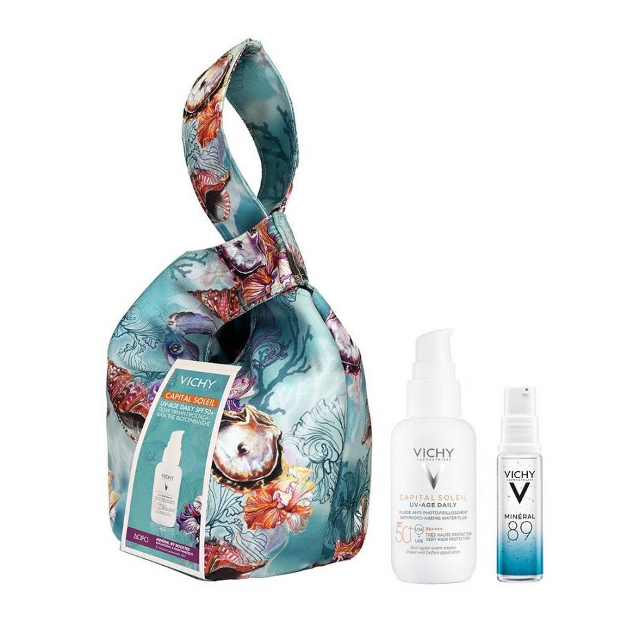 Vichy Πακέτο Προσφοράς με Capital Soleil UV Age Daily SPF50+ Λεπτόρρευστο Αντιηλιακό Κατά της Φωτογήρανσης, 40ml & Δώρο Mineral 89 Booster, 10ml & Συλλεκτική Τσάντα, 1τεμ, 1σετ